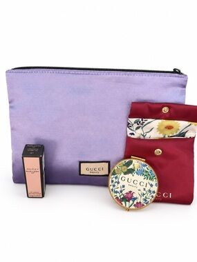 Gucci Beauty Lavender Cosmetic Pouch with Floral Compact and Accessories